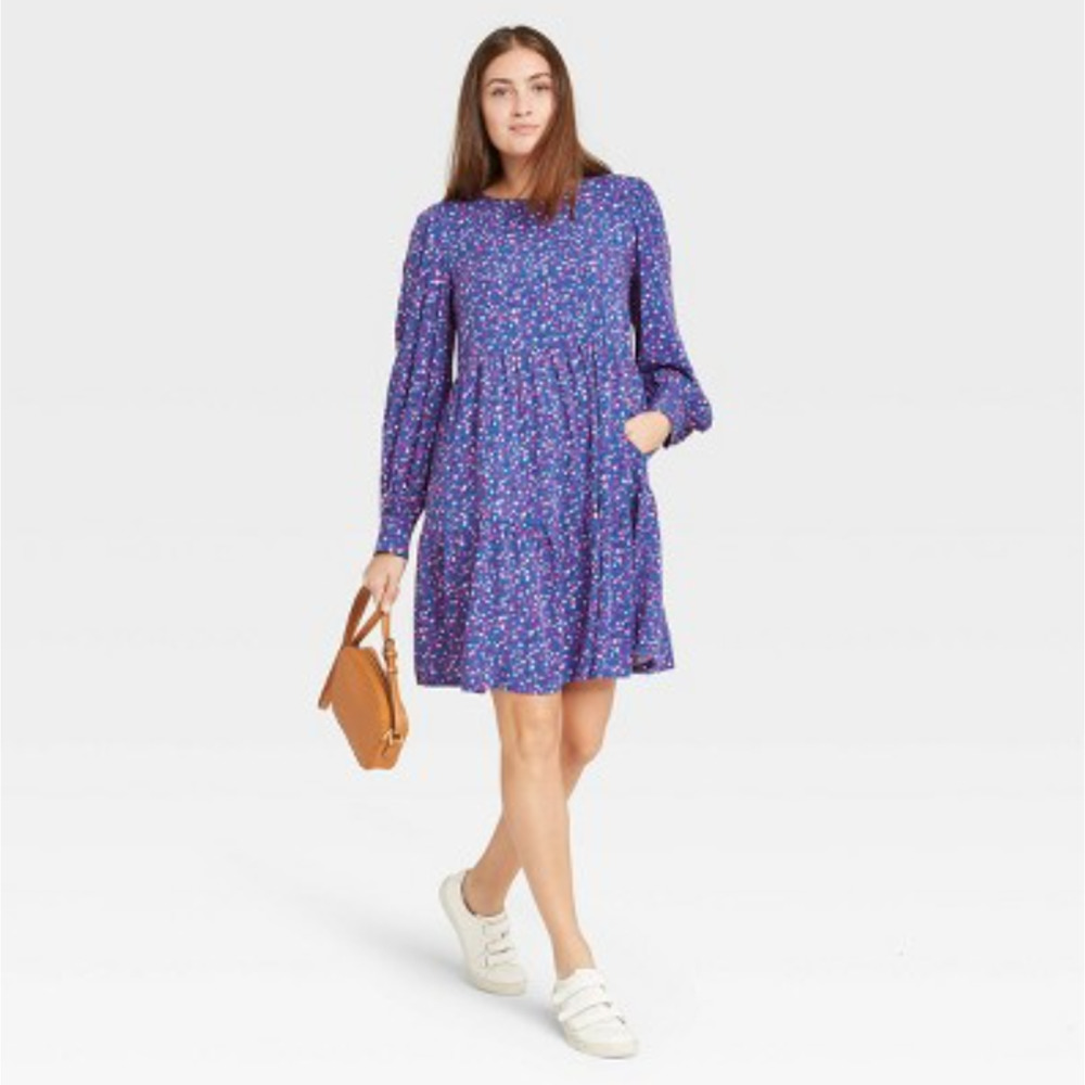 Womens Geometric Print Long Sleeve Tiered Babydoll Dress - A New Day Blue Size S
